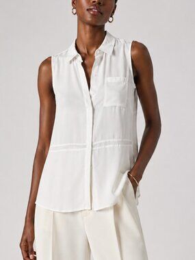 Go Silk White Silk Sleeveless Button Front Tank Size M